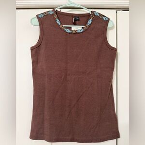 Ethyl Denim Southwestern Brown Tank Top with Blue Beaded Neckline